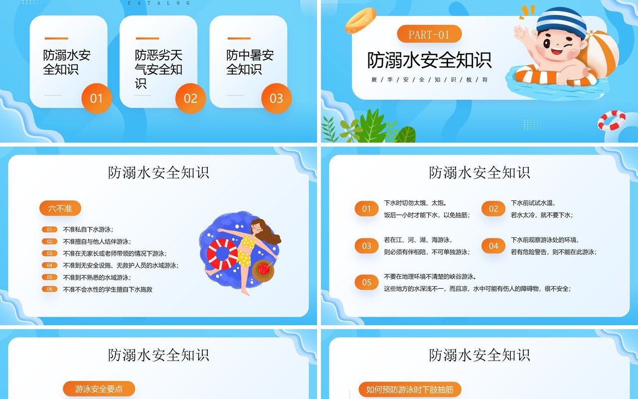 蓝色卡通风夏天防溺水安全知识PPT模板