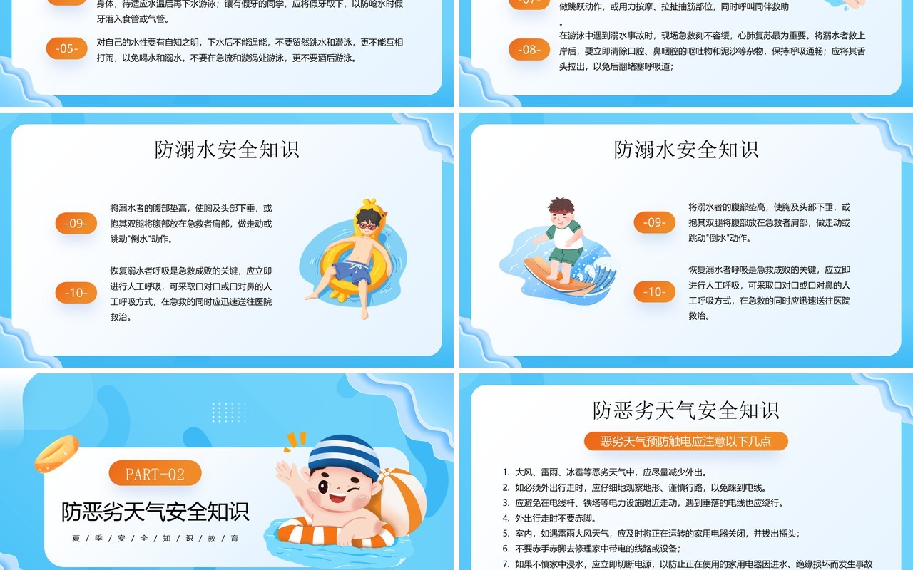 蓝色卡通风夏天防溺水安全知识PPT模板