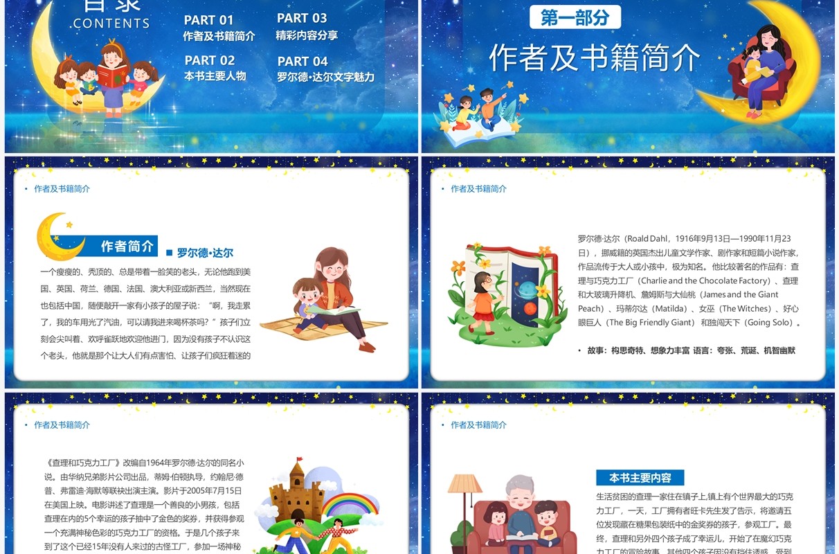蓝色卡通风查理的巧克力工厂PPT模板
