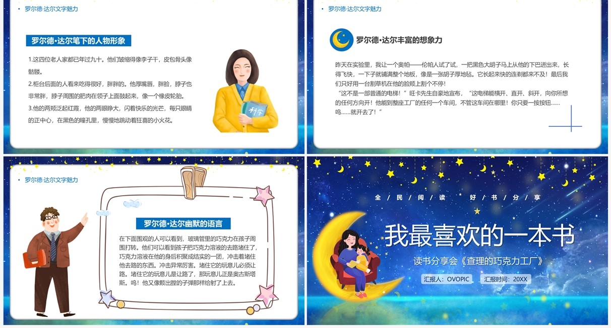 蓝色卡通风查理的巧克力工厂PPT模板