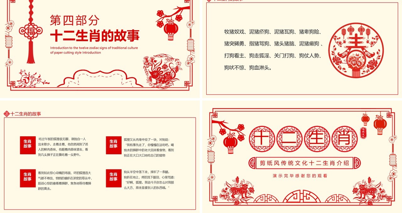 剪纸风传统文化十二生肖介绍动态PPT模板