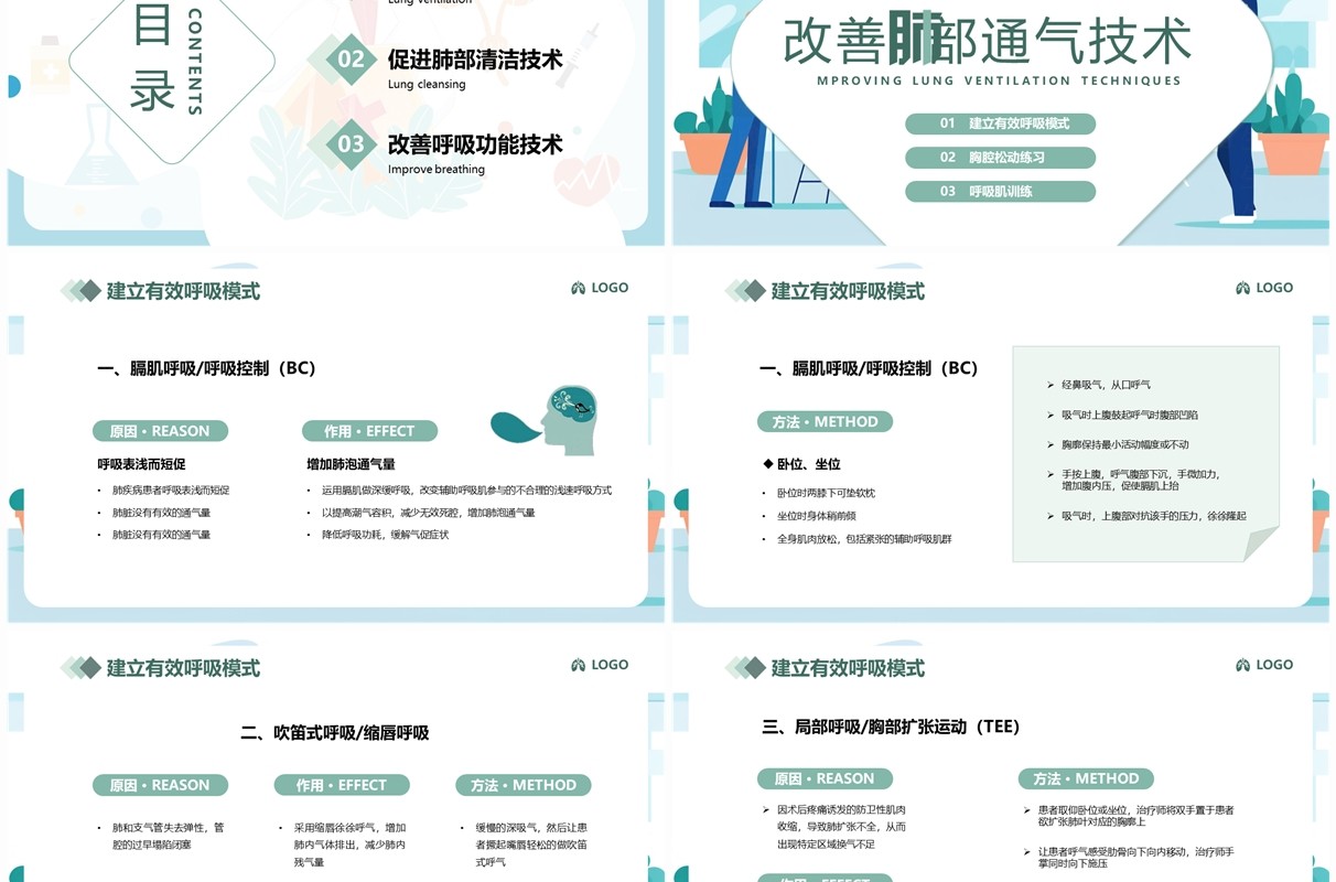绿色简约几何风肺康复训练PPT模板