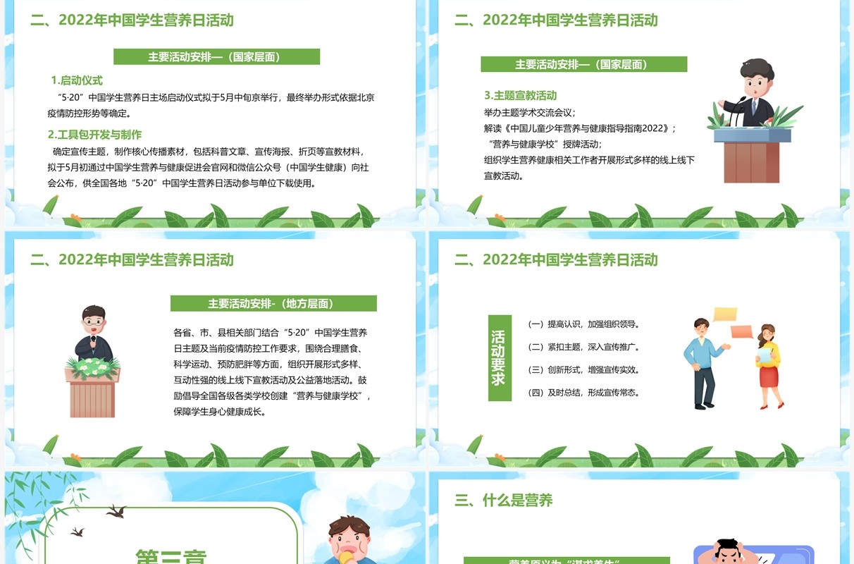 蓝绿色卡通全国学生营养日PPT模板