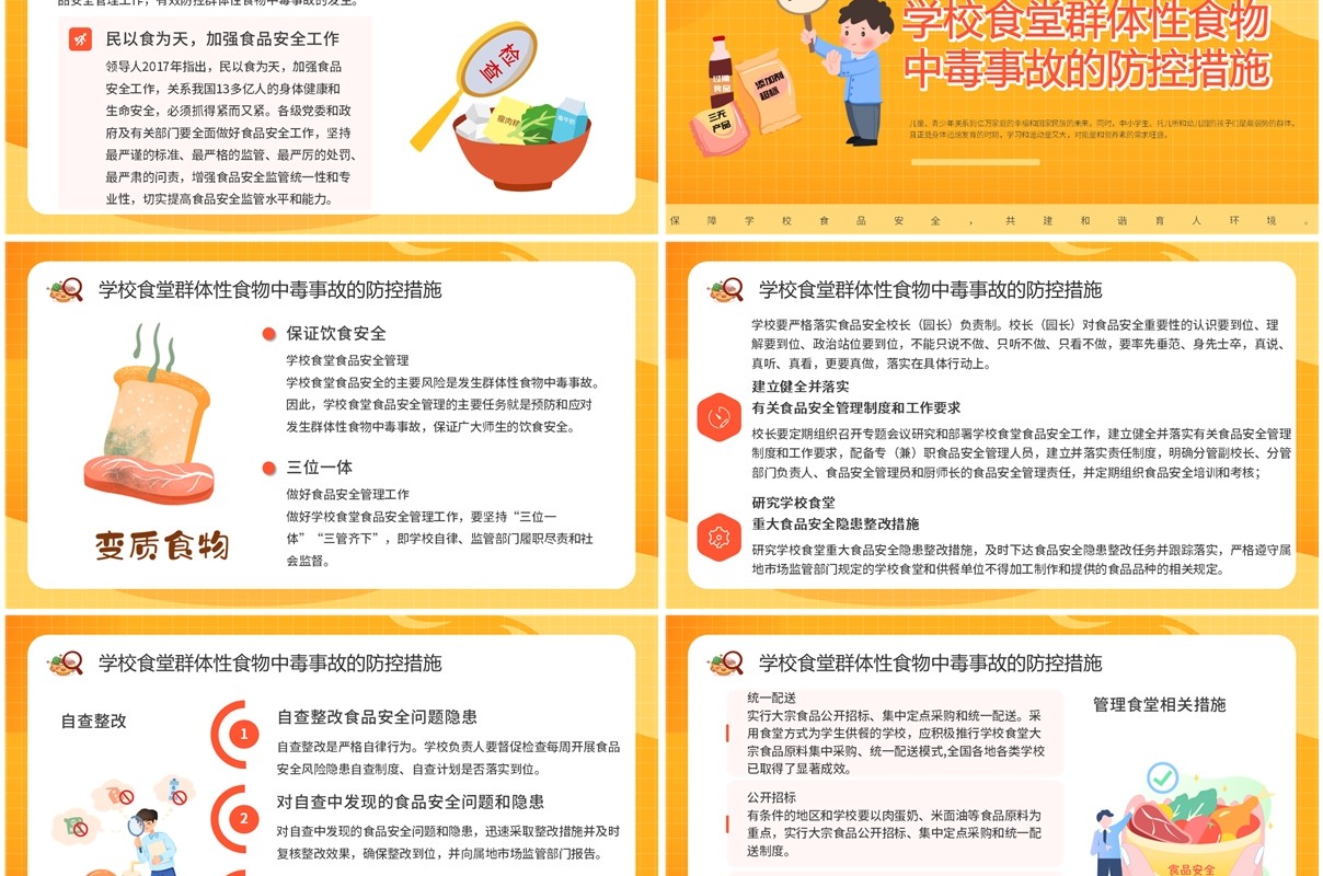 橙色卡通风学校食品安全讲座PPT模板