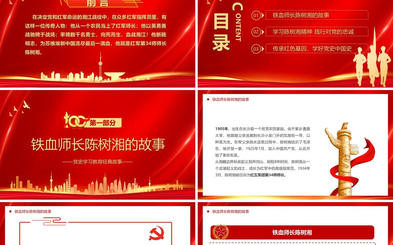 红金党政风铁血师长陈树湘专题党史故事PPT模板