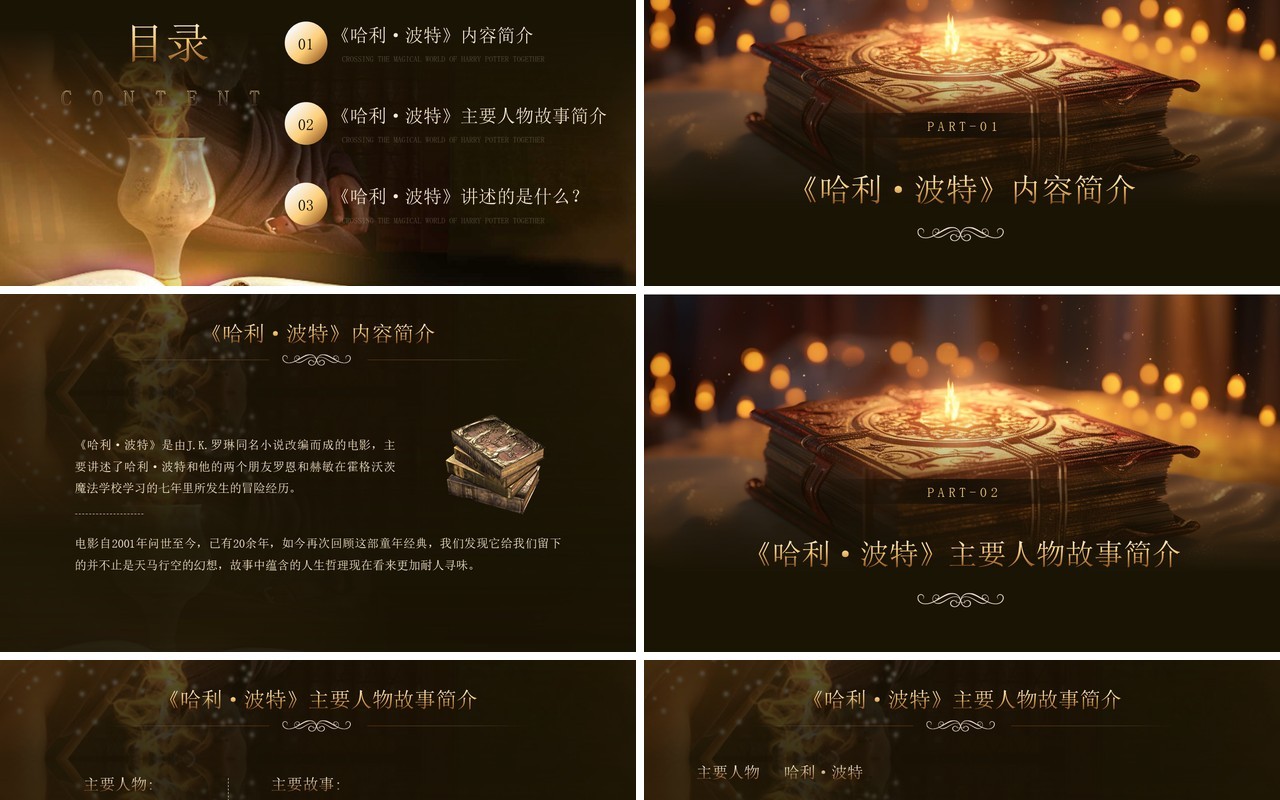 黑金插画风哈利波特故事介绍PPT模板