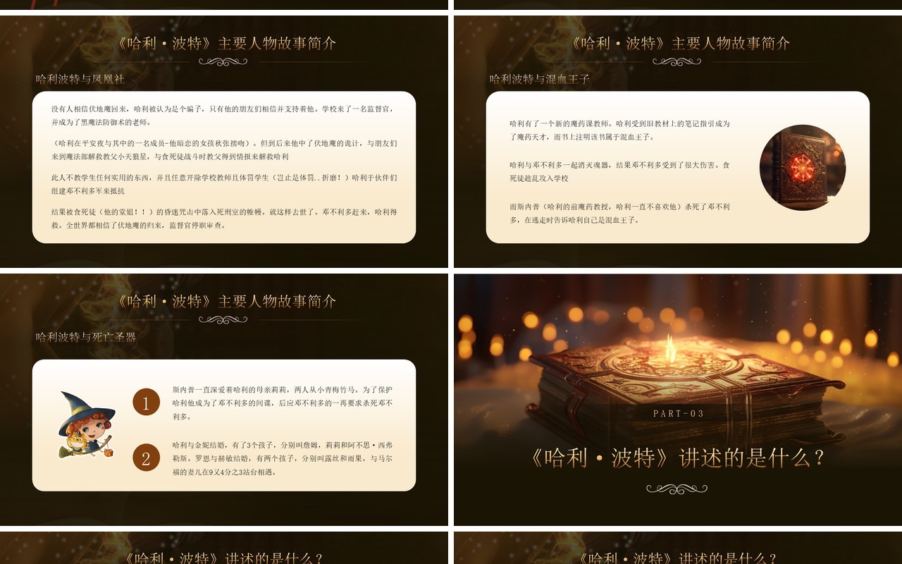 黑金插画风哈利波特故事介绍PPT模板