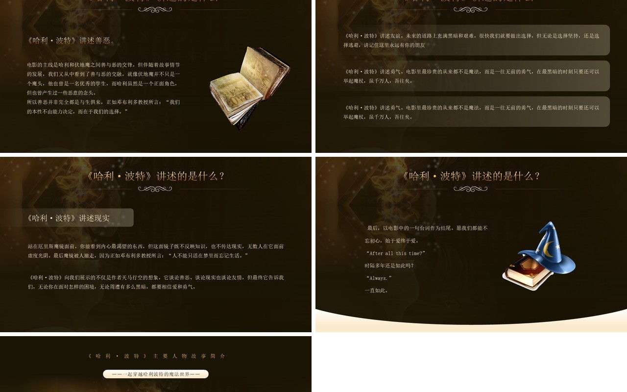 黑金插画风哈利波特故事介绍PPT模板
