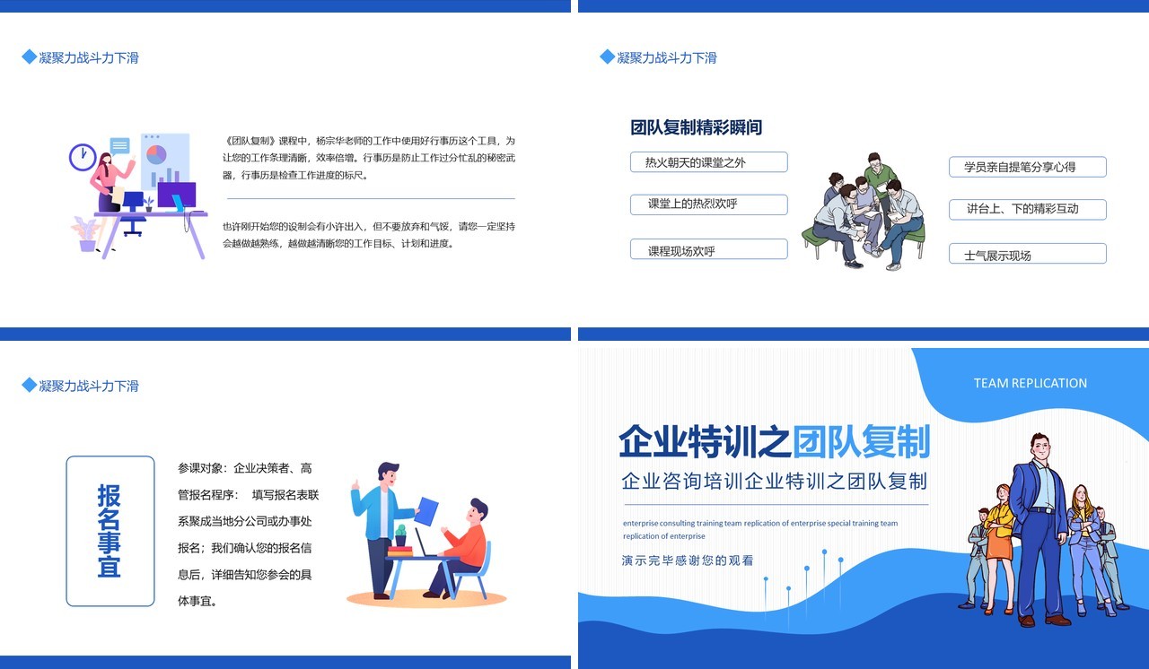 蓝色简约企业咨询培训企业特训之团队复制动态PPT模板