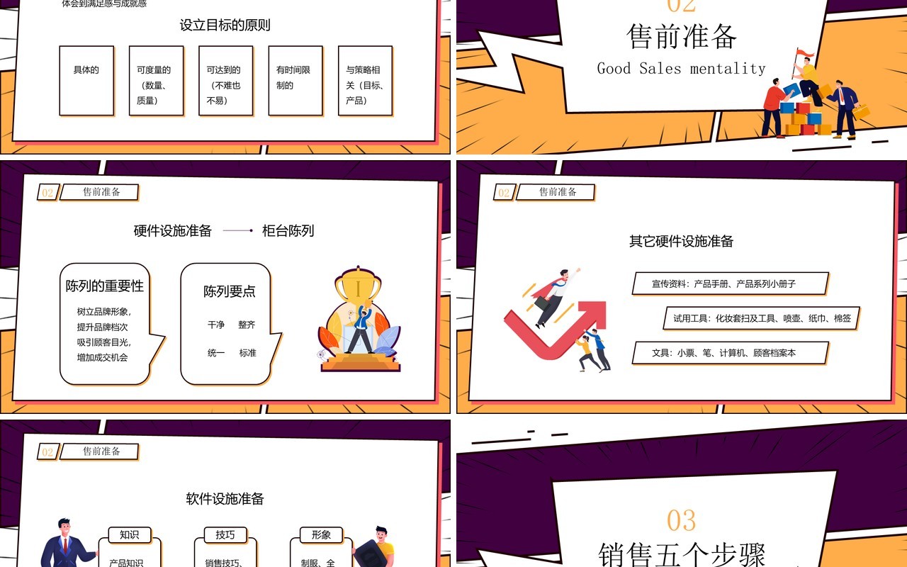 紫色漫画风销售技巧培训PPT模板