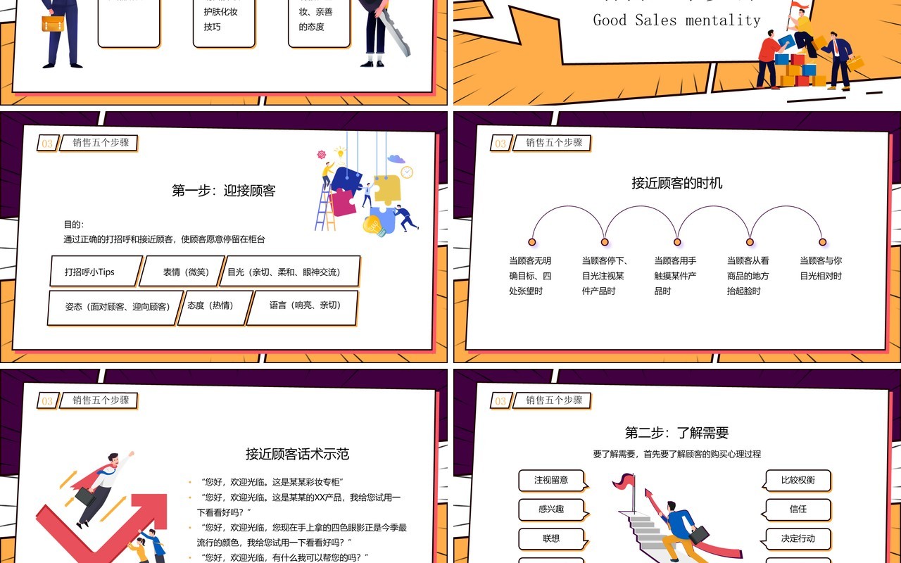 紫色漫画风销售技巧培训PPT模板