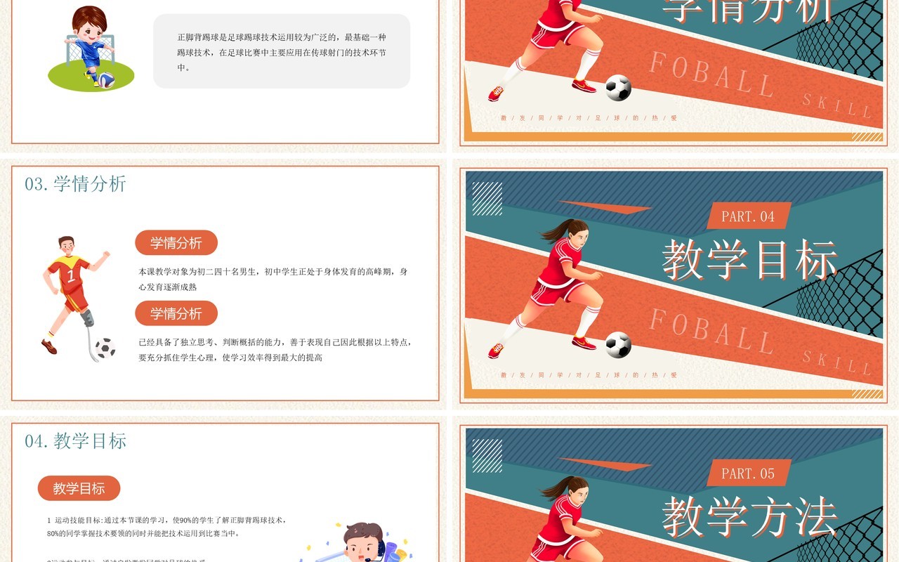 蓝橙卡通风足球正脚背踢球技术PPT模板