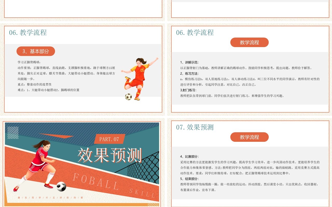 蓝橙卡通风足球正脚背踢球技术PPT模板