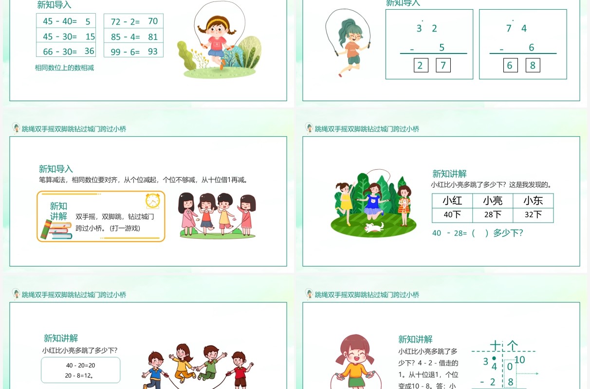 跳绳双手摇双脚跳钻过城门跨过小桥动态PPT课件模板