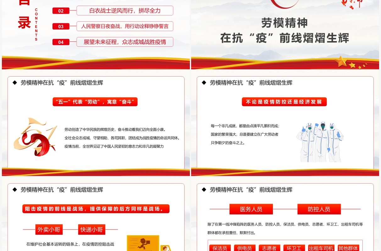 红色简约党政风致敬抗疫劳动者PPT模板