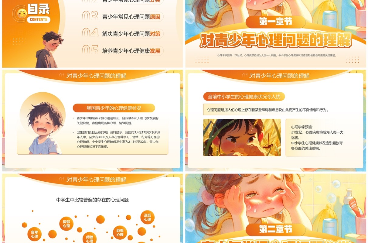 橙色插画风青少年常见心理问题及应对策略PPT模板