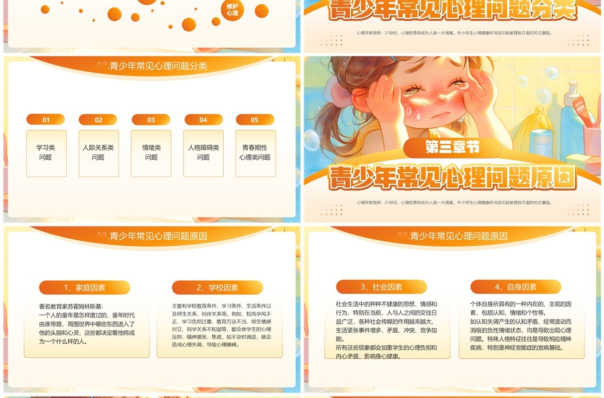 橙色插画风青少年常见心理问题及应对策略PPT模板