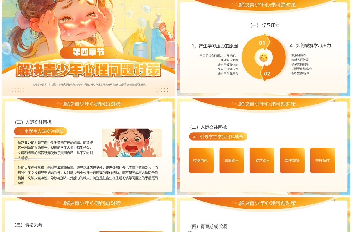 橙色插画风青少年常见心理问题及应对策略PPT模板