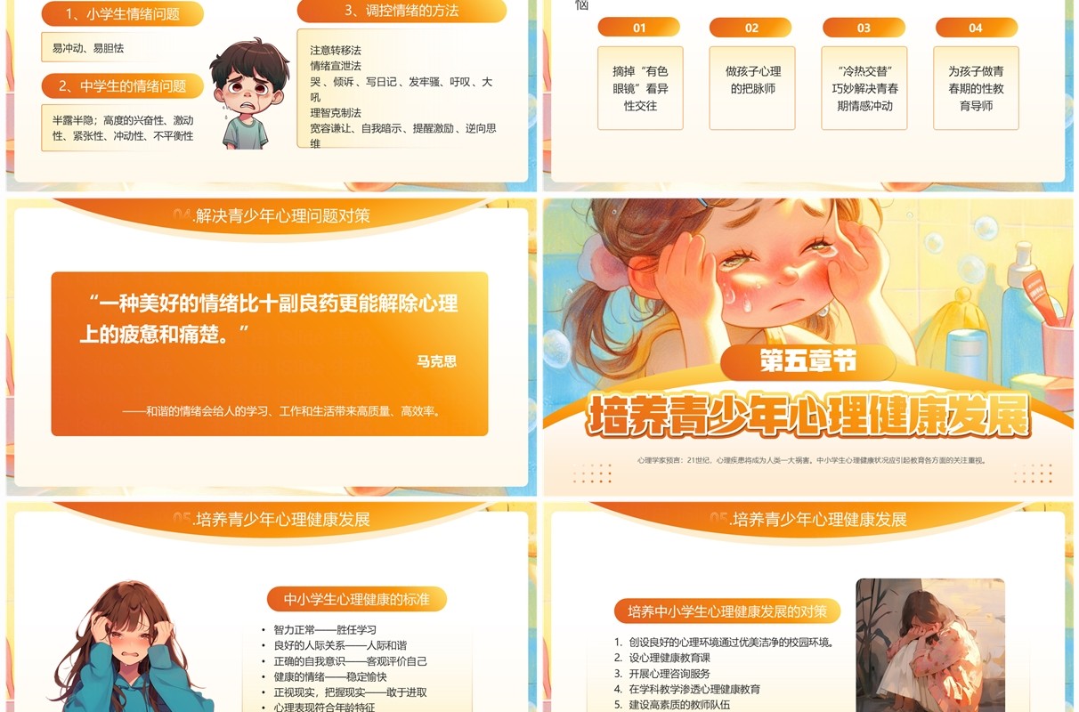 橙色插画风青少年常见心理问题及应对策略PPT模板