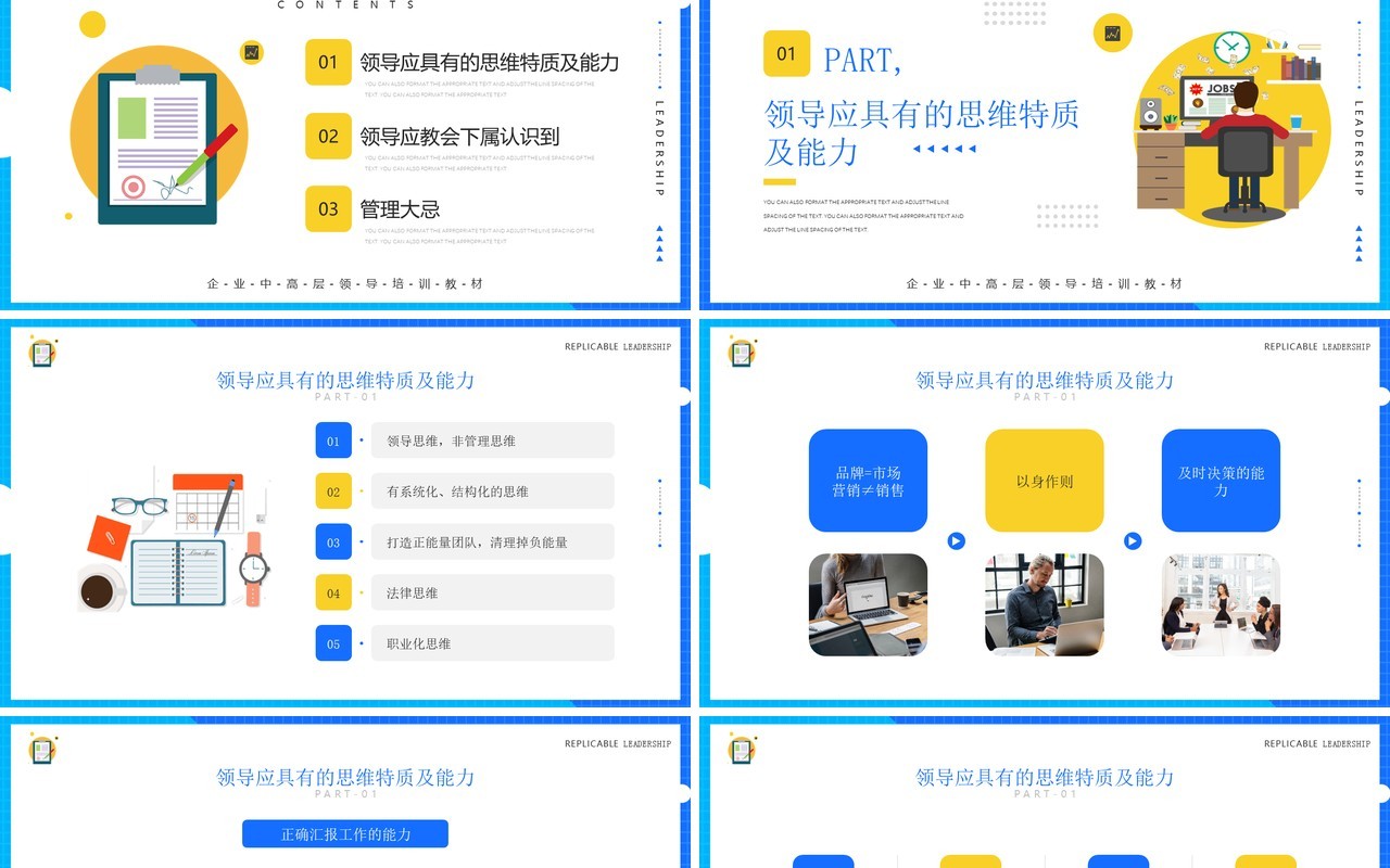 黄蓝简约风可复制的领导力企业培训PPT模板