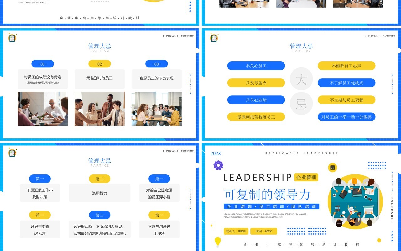 黄蓝简约风可复制的领导力企业培训PPT模板