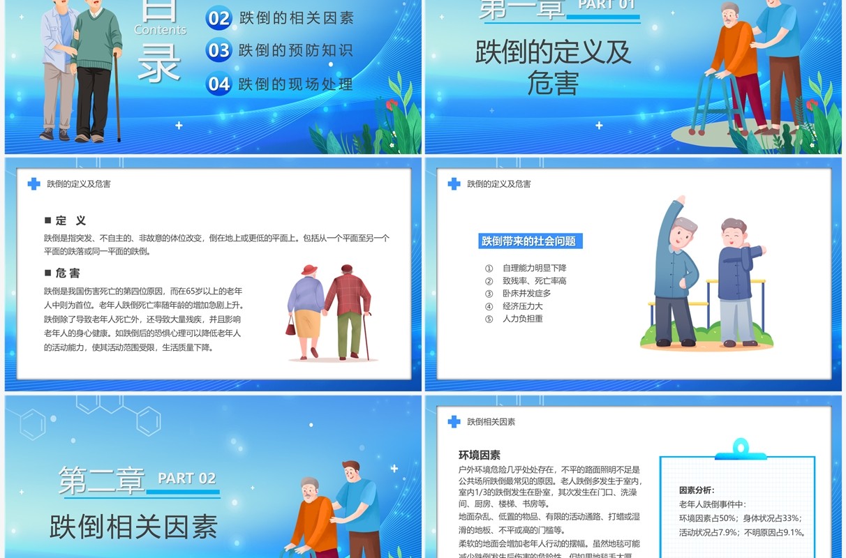 蓝色老人跌倒的预防及应急处理PPT模板