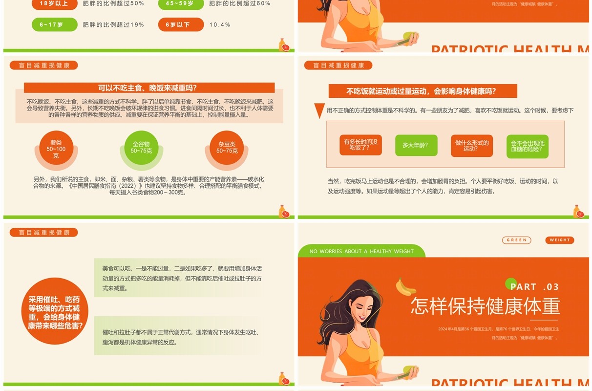 橙色卡通爱国卫生月健康体重主题PPT模板