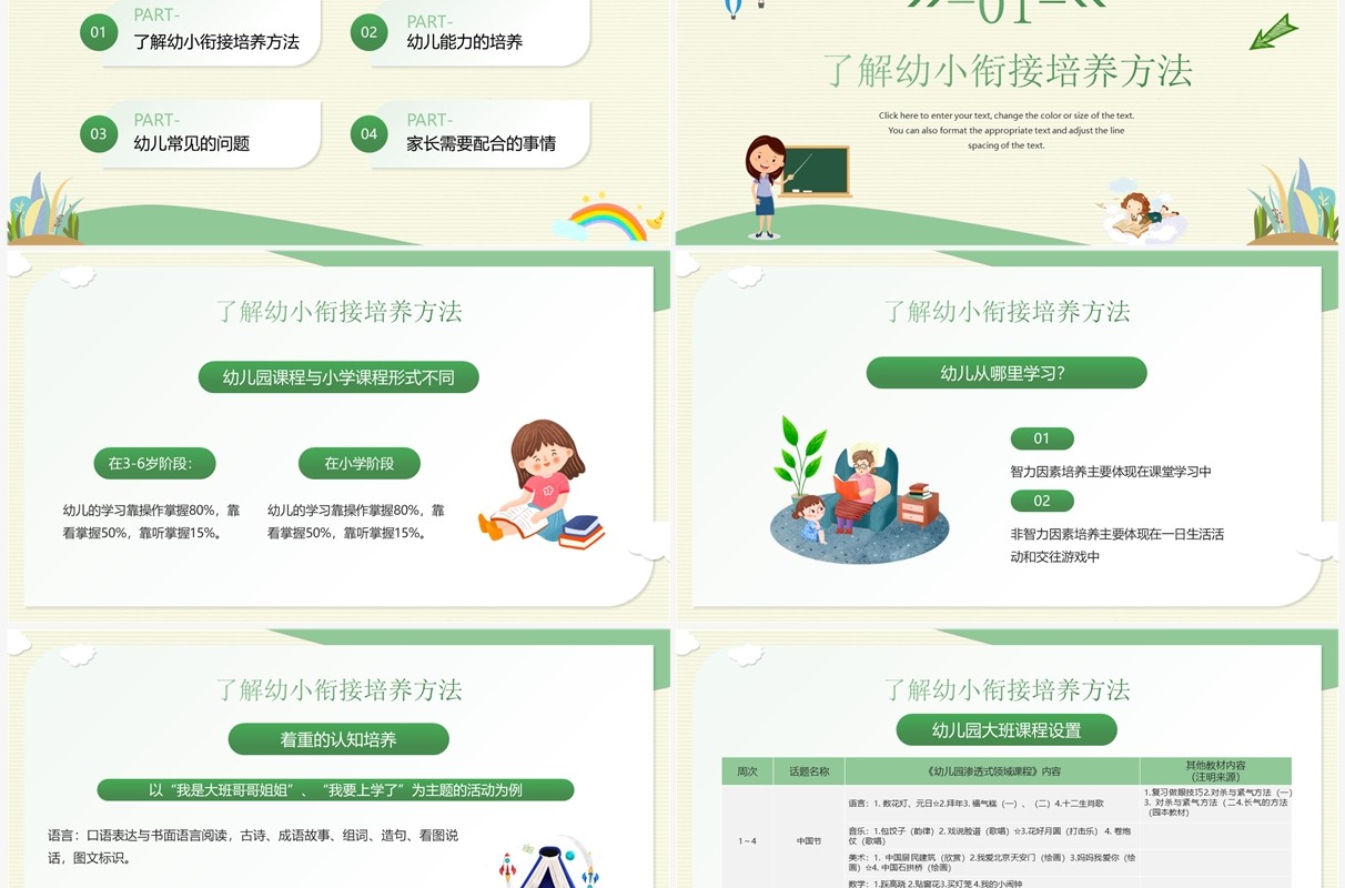 绿色卡通风幼小衔接家长会PPT模板