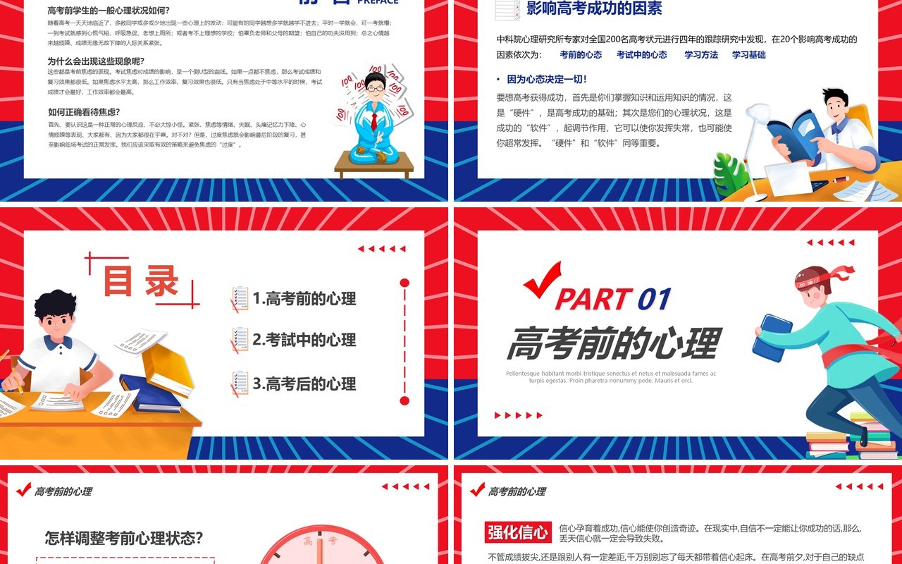 红蓝卡通风高三学子高考前心理辅导教育PPT模板