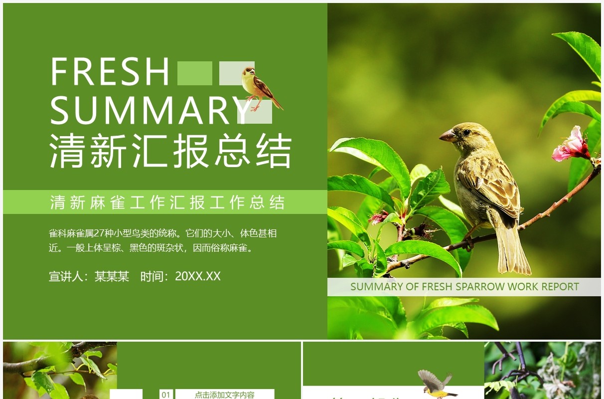 清新麻雀工作汇报工作总结动态PPT模板