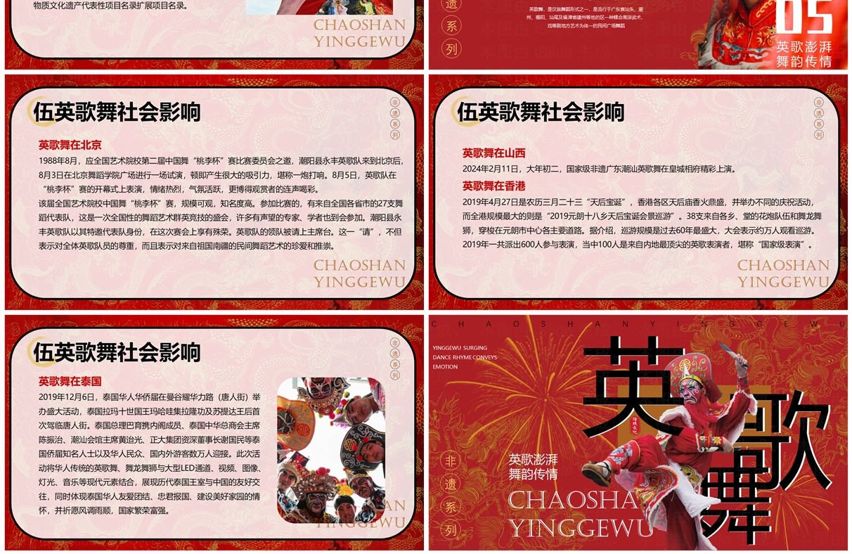 红色简约中国风非遗系列之英歌舞PPT模板