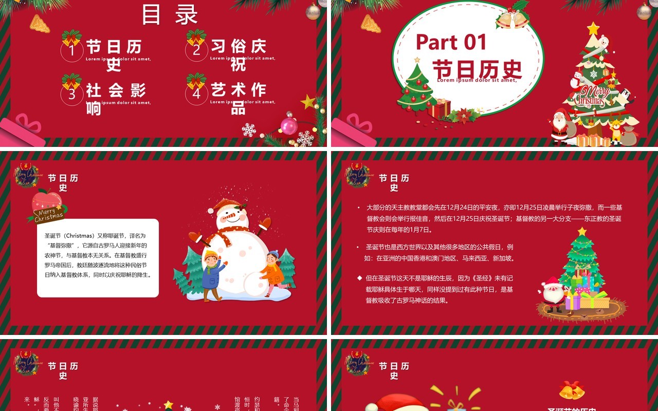 红色卡通快乐圣诞节平安夜节日主题介绍PPT模板