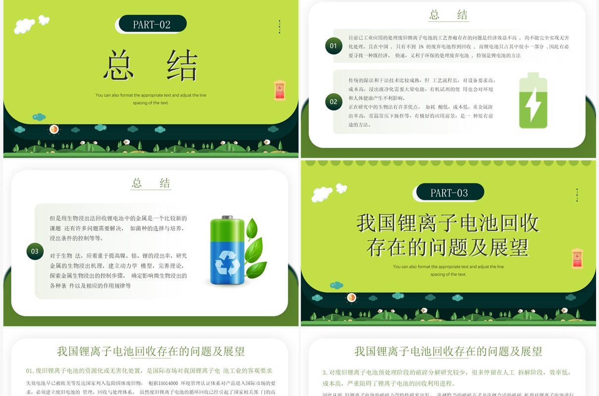 绿色简约风废旧锂离子电池回收利用技术PPT模板