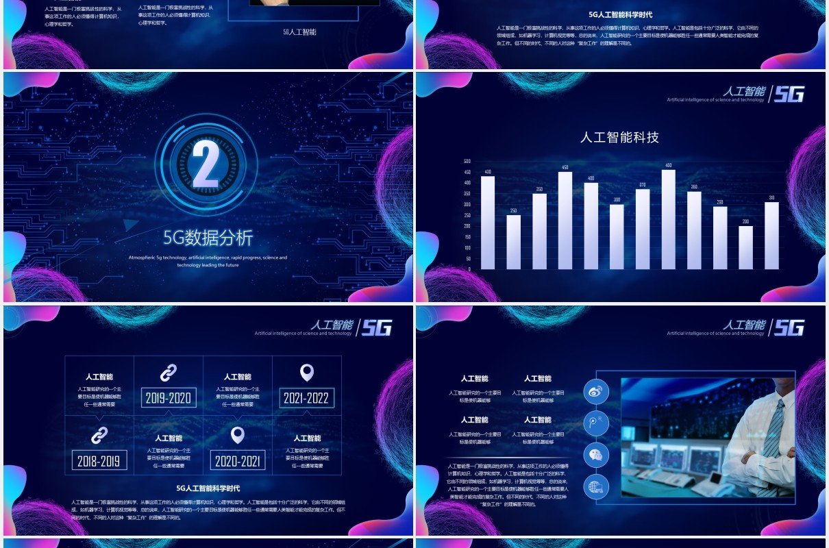 深蓝色科技互联网酷炫人工智能5G极速工作汇报PPT模板