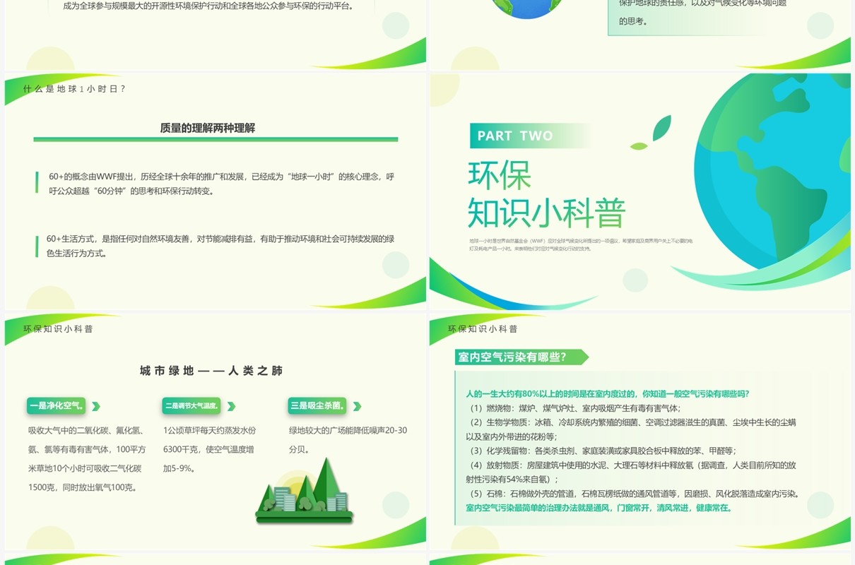 绿色简约风关爱地球不止这一小时PPT模板