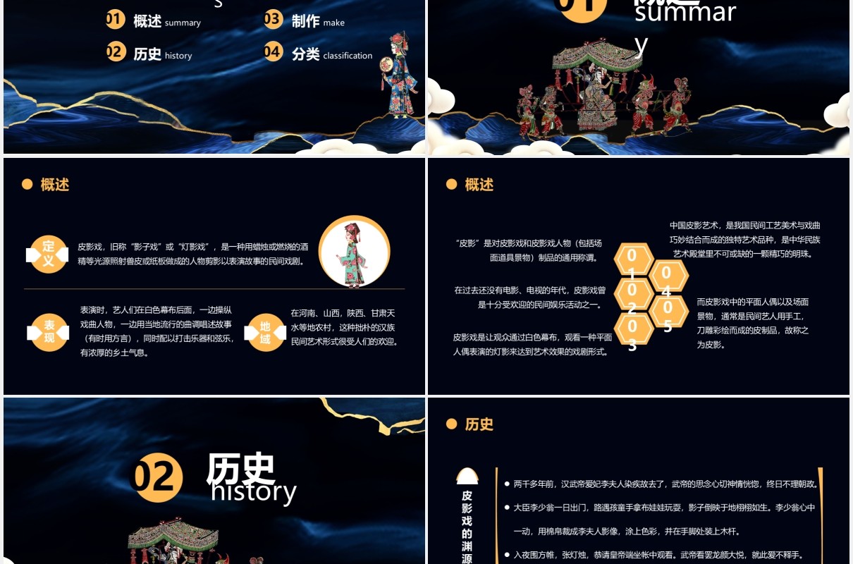 深色鎏金风皮影文化宣传通用PPT模板