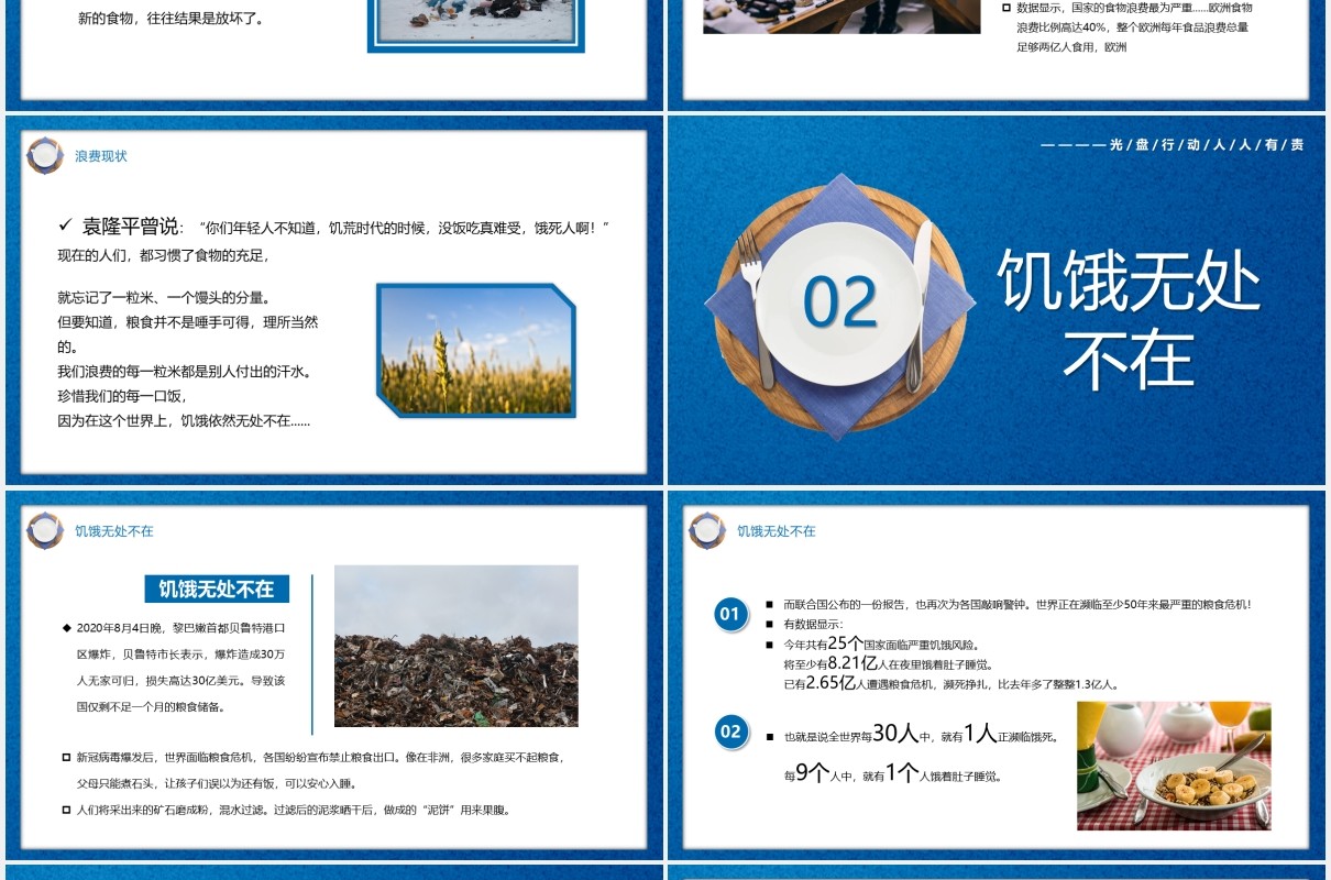 蓝色简约风节约粮食是一种生活习惯PPT模板