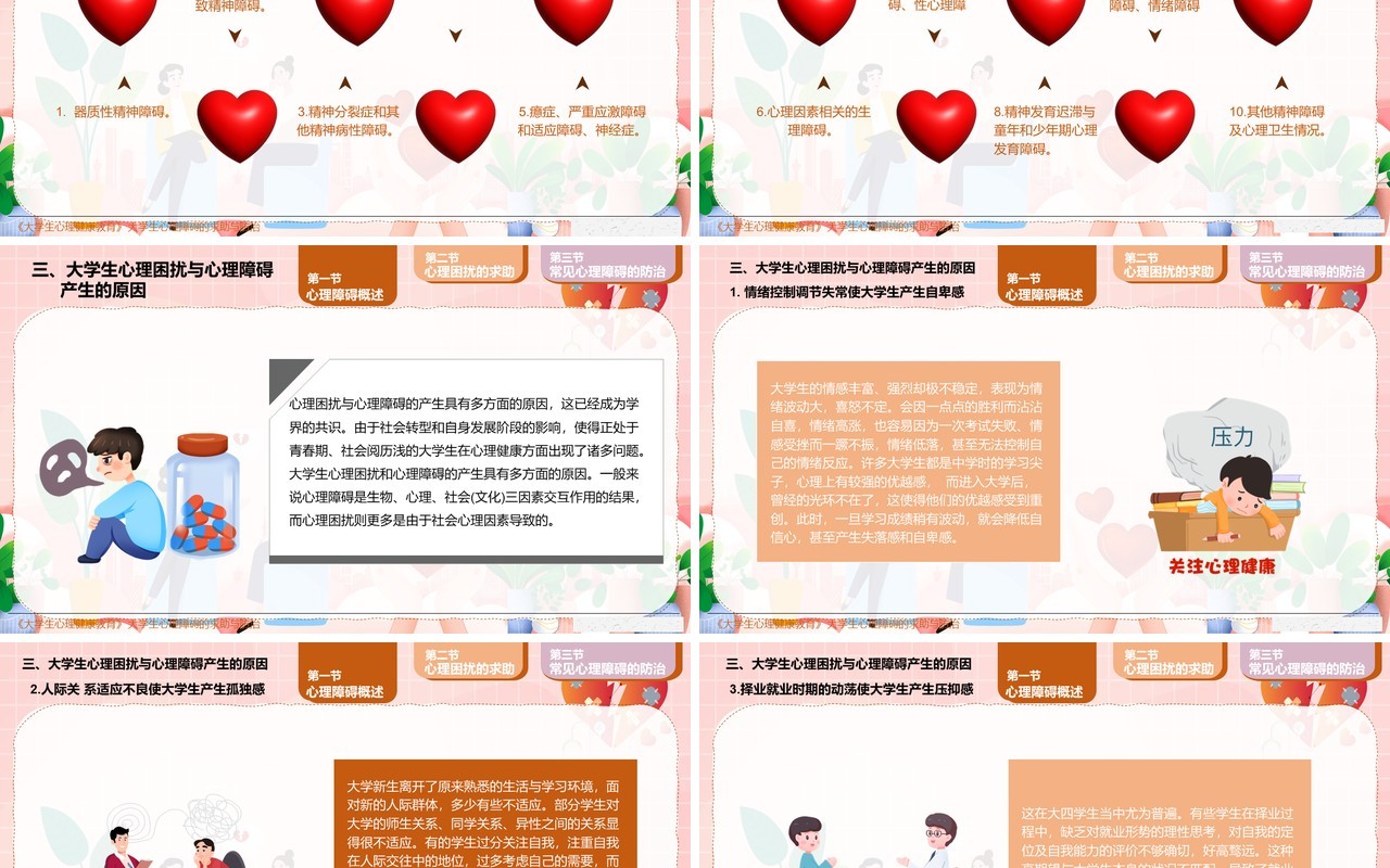 粉色卡通大学生心理障碍求助与防治PPT模板