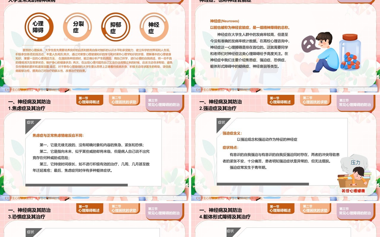 粉色卡通大学生心理障碍求助与防治PPT模板