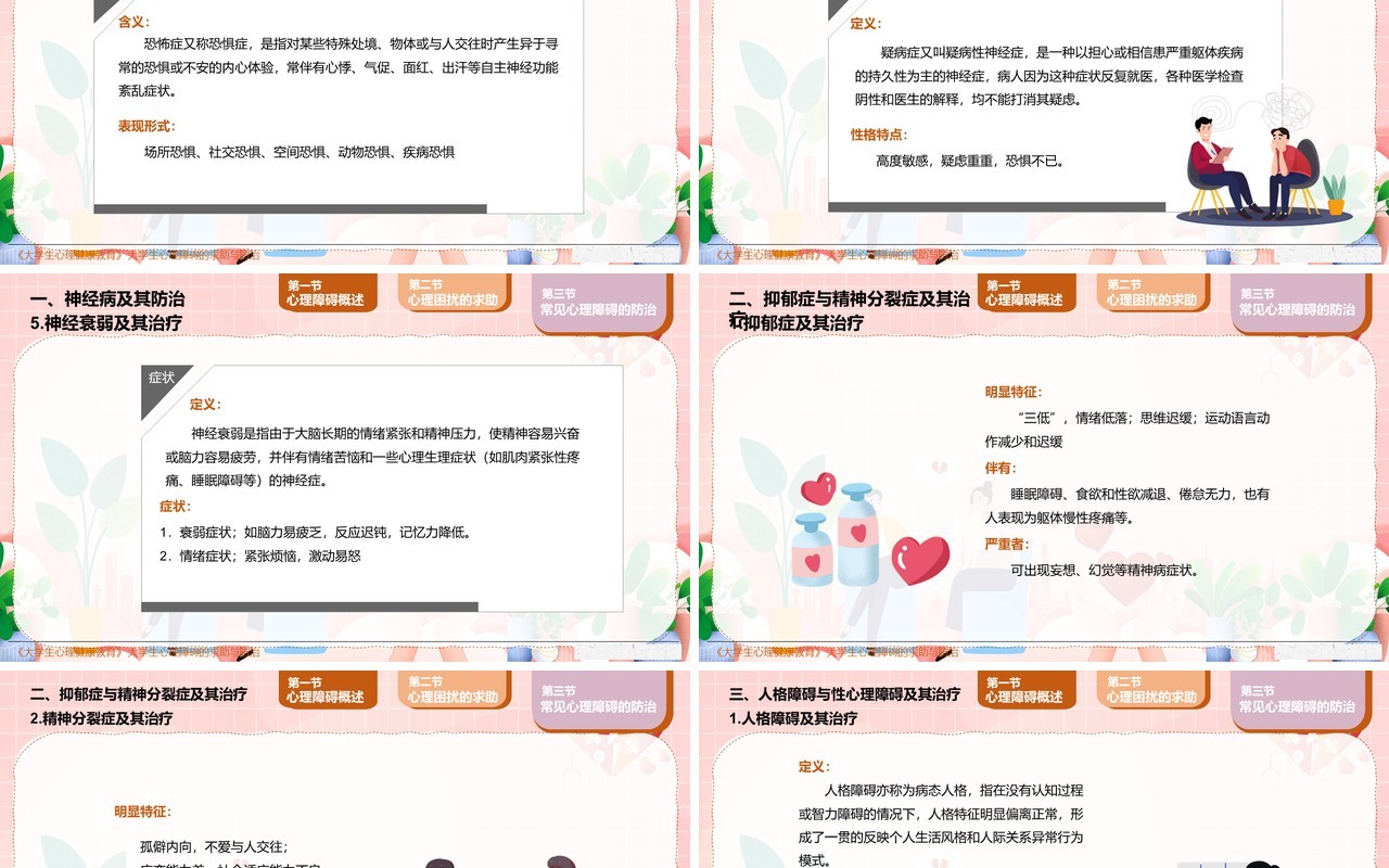 粉色卡通大学生心理障碍求助与防治PPT模板