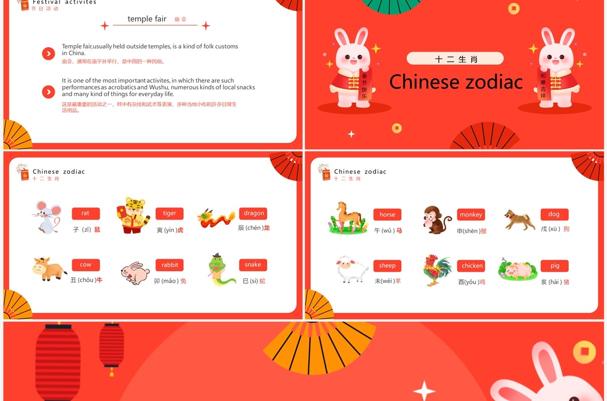 红色卡通风中国春节英文介绍PPT模板