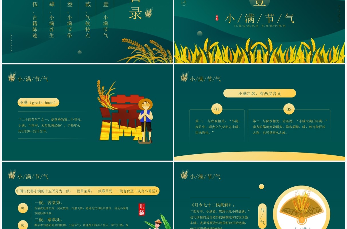 绿色简约风二十四节气小满传统节日介绍动态PPT模板