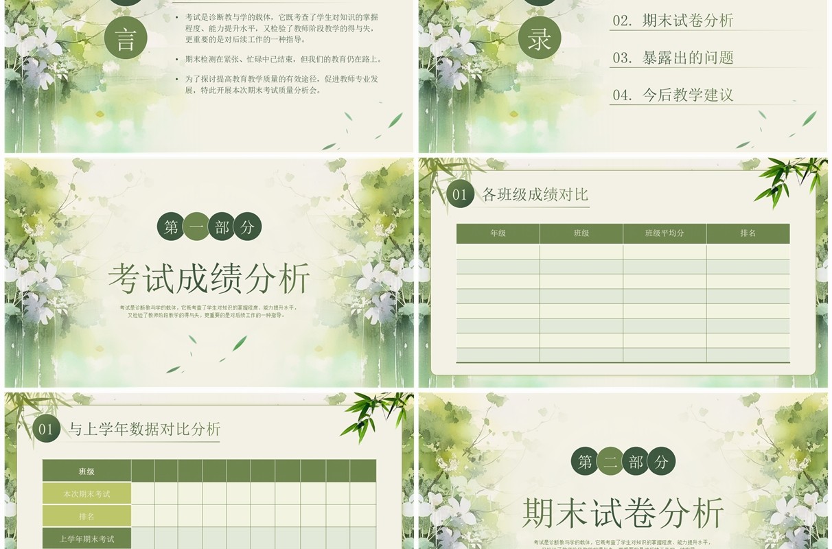 绿色小清新期末考试成绩分析会PPT模板
