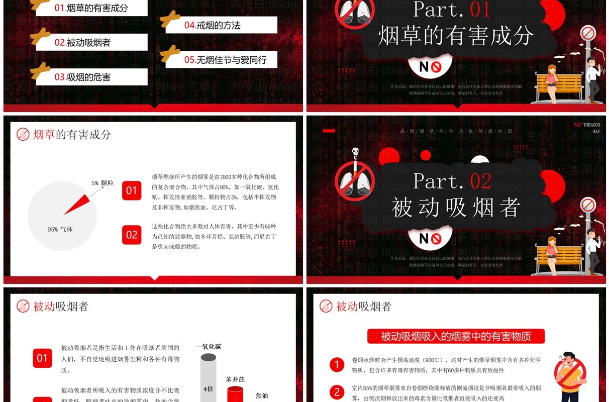 红色卡通风控烟社会共治无烟环境共享PPT模板