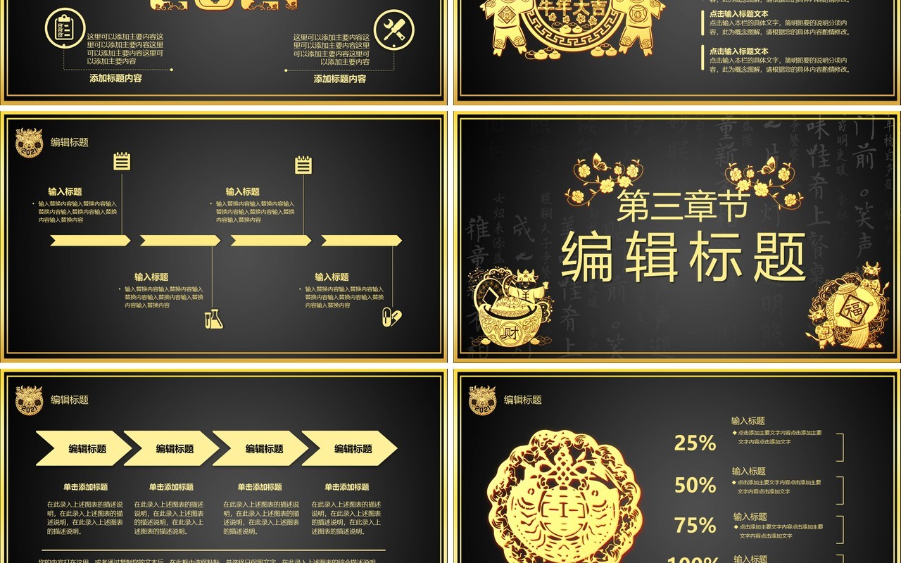 2021黑金牛气冲天新年快乐企业年会总结报告通用PPT模板