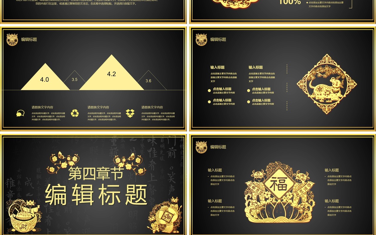 2021黑金牛气冲天新年快乐企业年会总结报告通用PPT模板