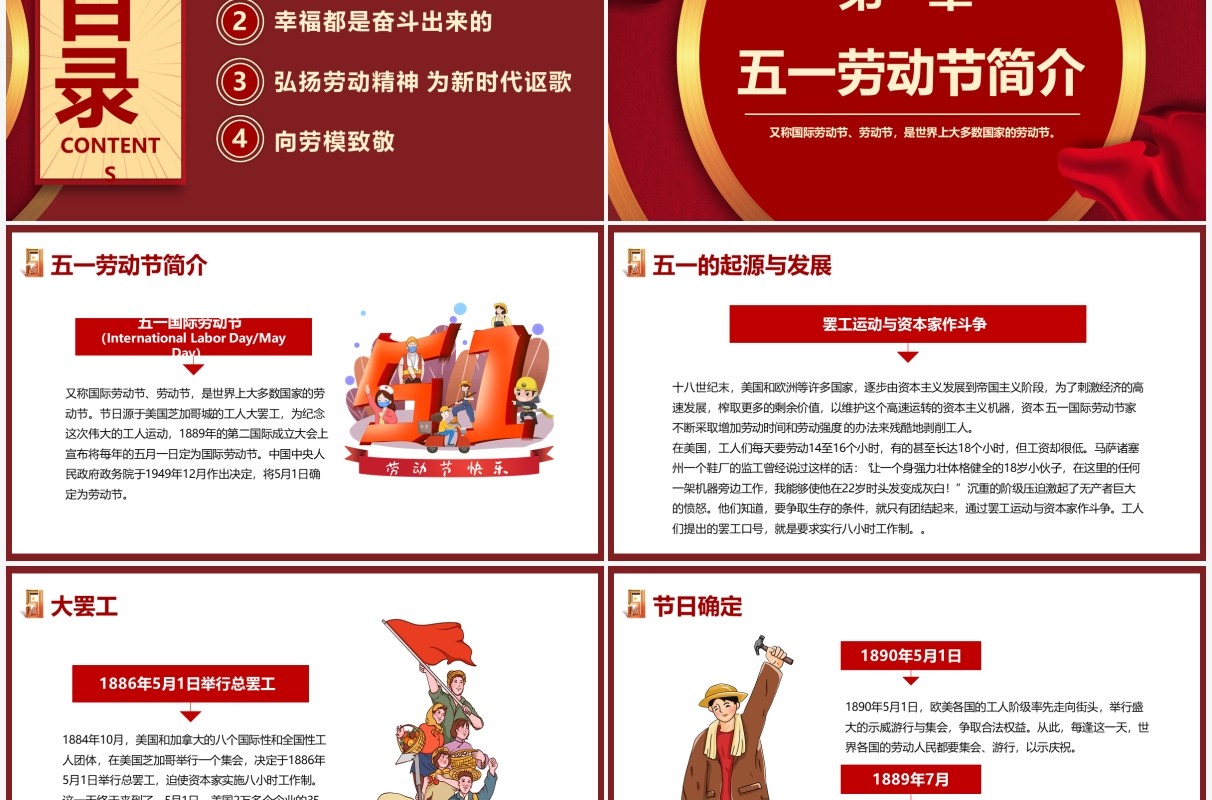 红色复古五一劳动节劳动最光荣介绍动态PPT模板