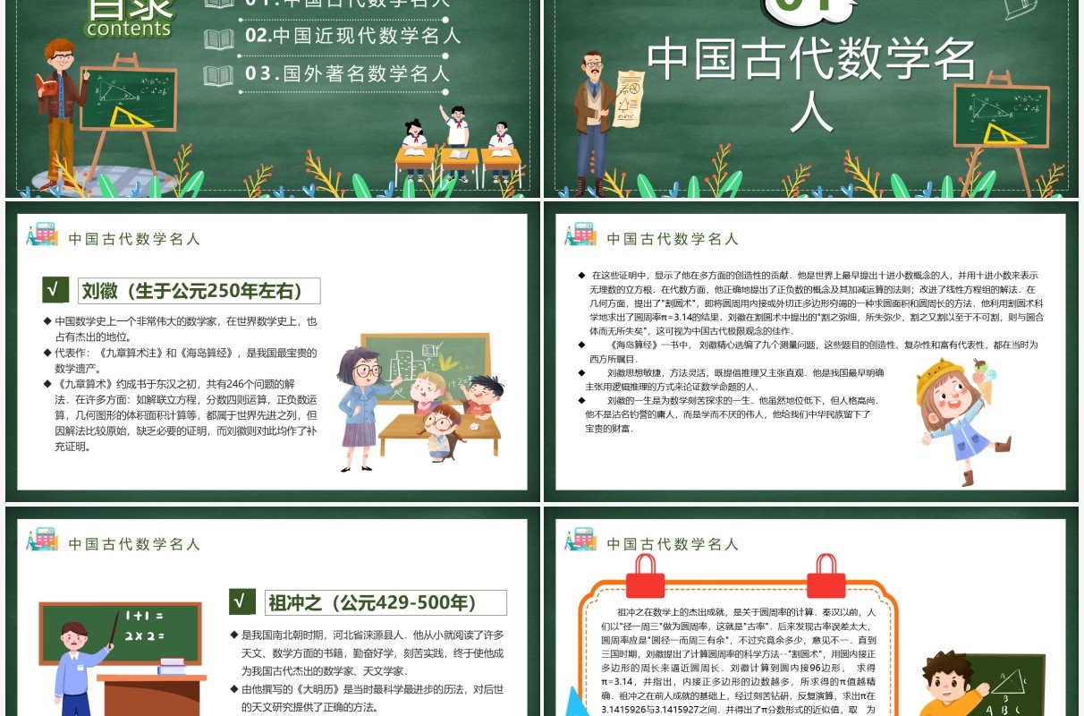 绿色卡通数学名人介绍PPT模板