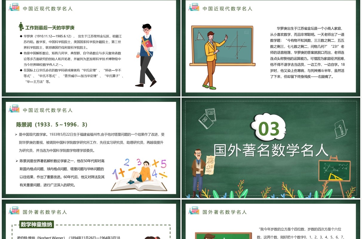 绿色卡通数学名人介绍PPT模板