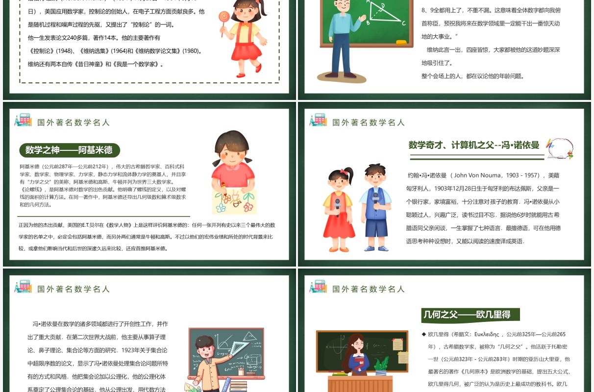 绿色卡通数学名人介绍PPT模板